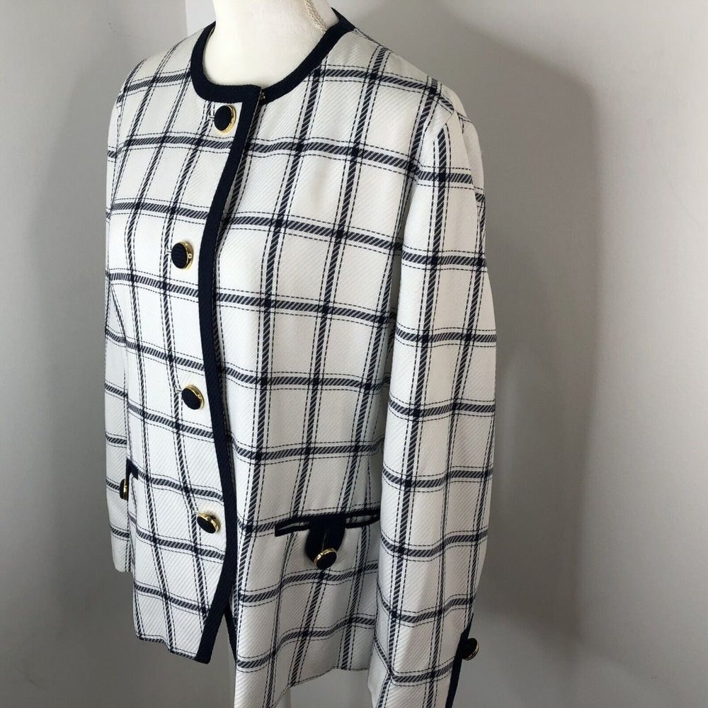 Executive Collection Womens Blazer Jacket Sz 14 White Blue Stripes Front Pockets - Picture 8 of 12